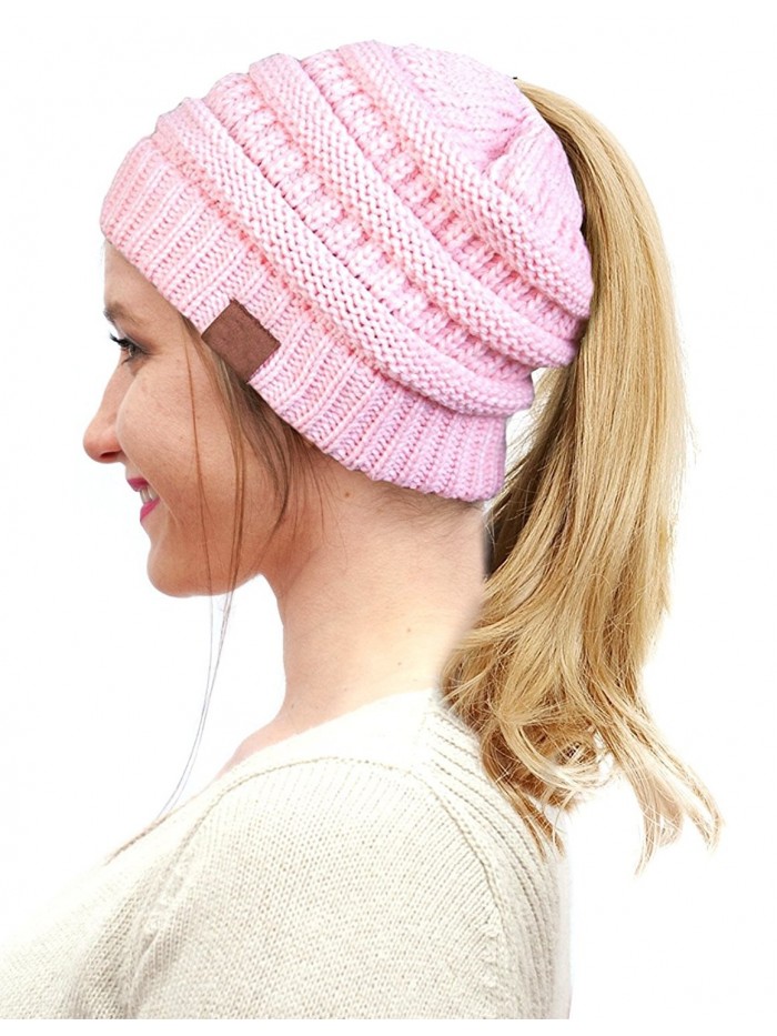 FADA BeanieTail Soft Stretch Cable Knit Messy High Bun Ponytail Winter Women Beanie Hat - A-baby Pink - CE188K4X2ZZ