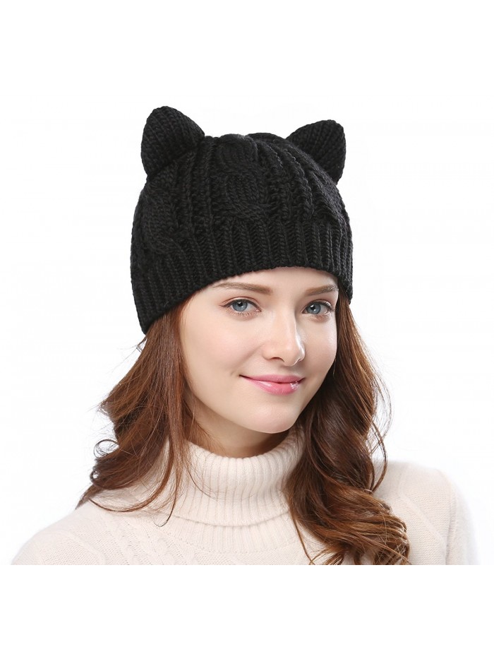 Women's Hat Cat Ear Crochet Braided Knit Caps - Black - CP11QAD2YQF