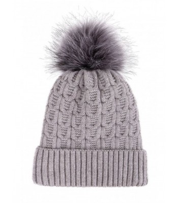 Women Winter Faux Fur Pompom Knit Sherpa Lined Beanie Hat - Grey Beanie ...