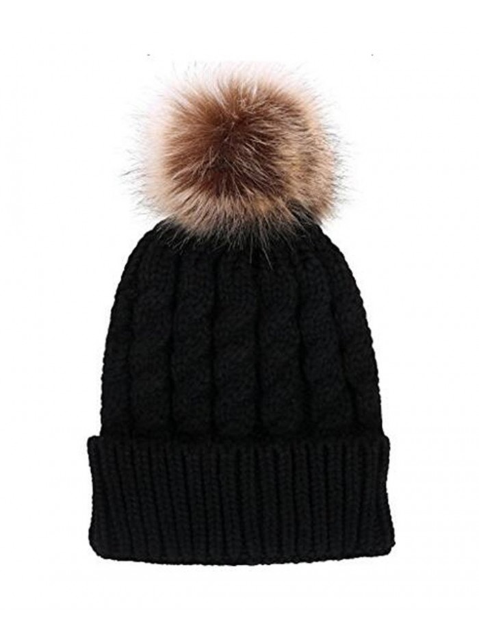 Women Fashion Faux Fur Pom Pom Wool Knit Beanie Skully Hat Cap - Black ...