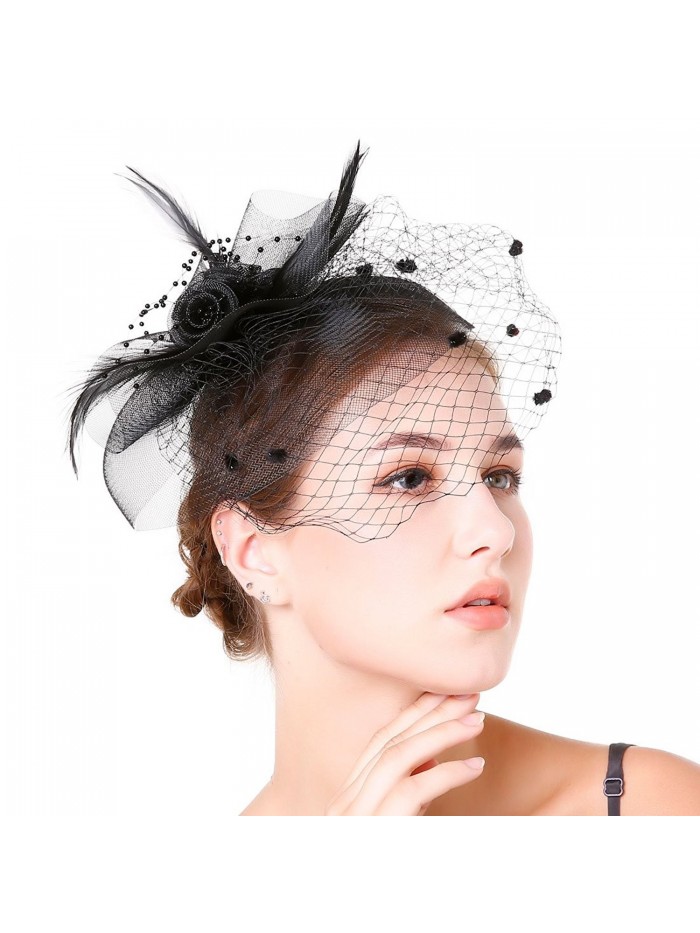 Fascinaor Hair Clip Feather Veil Wedding Party Hat - Balck - CT1867SUXKY