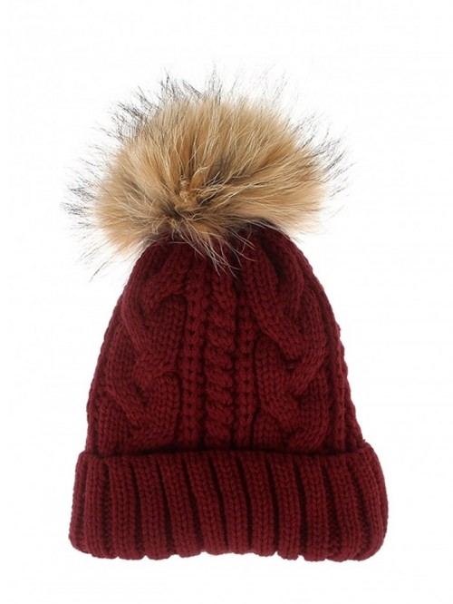 Women's Thick Cable Knit Beanie Hat With Soft Faux Fur Pom Pom - Red 