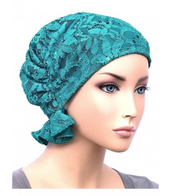 Turban Plus Abbey Cap closeouts Chemo Caps Cancer Hats For Women - 12- Lace Sequin Turquoise (Stretch Lace) - CM11K4HLSWP