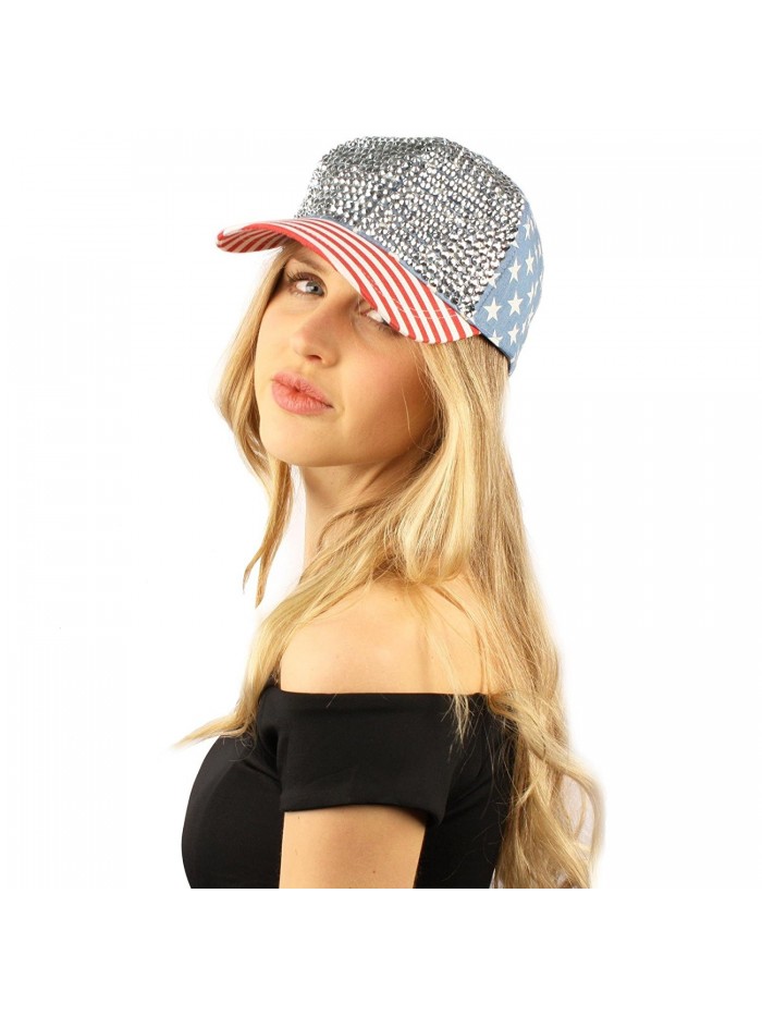 USA Flag Jewel Rhinestone Bling Studs Baseball Ball Cap Sun Hat Adjustable - Blue - C112E4J97J9