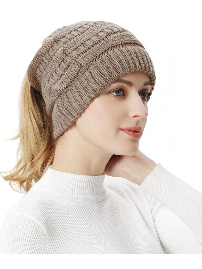 Women's Winter Cable Knit Warm Ponytail Beanie Hat Camel CR188N5IGMZ