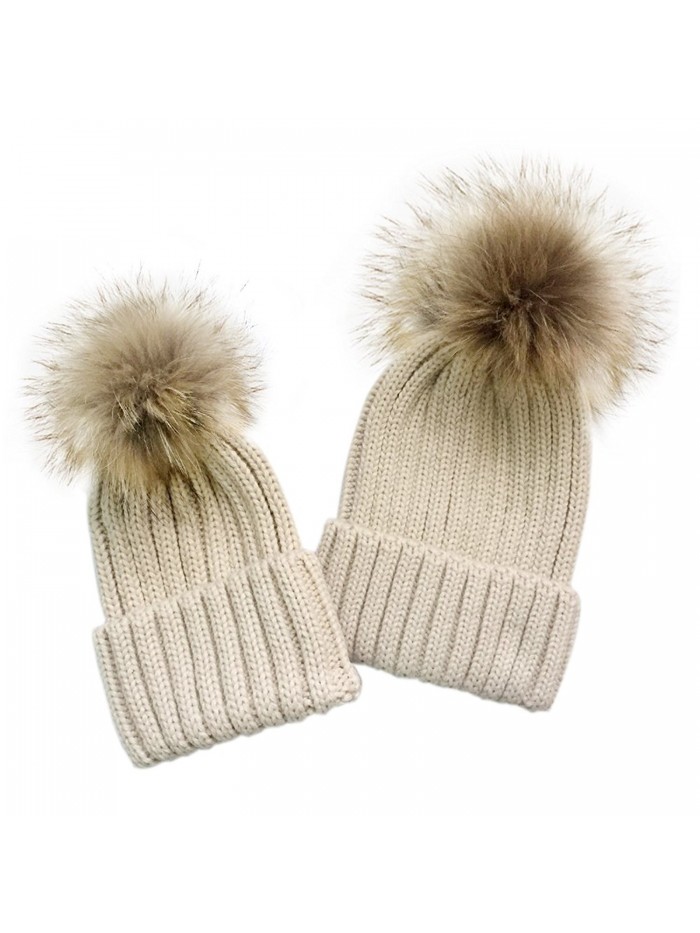 2PC Parent-Child Real Raccoon Fur Pom Pom Knit Hat Stretchy Mother Baby ...