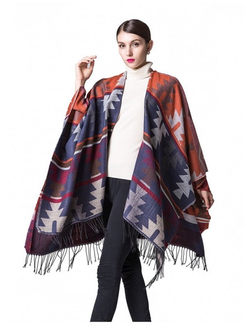 Women's Fringed Cashmere Fleece Poncho Shawl Wrap Coat - Orange (Fast ...