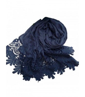 Raylans Women Lady Fashion Cotton Lace Long Scarf Wrap Shawl - Navy Blue - CQ12NS3XADR