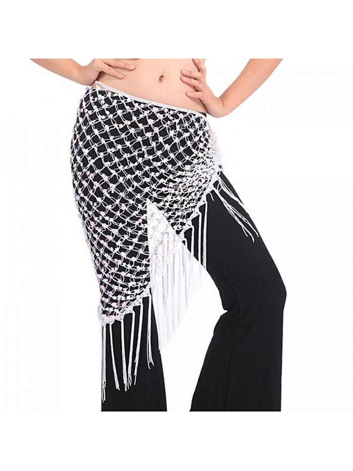 Belly Dance Accessories Shining Triangle Crochet Coins Sequins Hip Scarf with Tassel Dance Hip Wraps - White - CX184OE8YCS