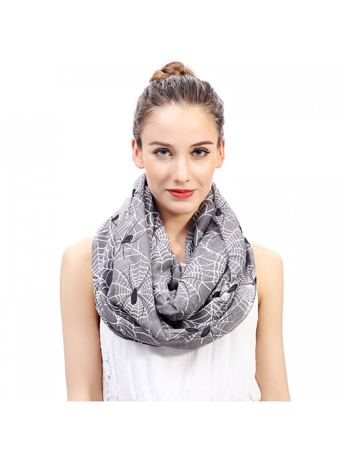 Lina & Lily Spider and Web Print Women's Infinity Loop Scarf Halloween Accessory - Gray - CC11OWJTKHV