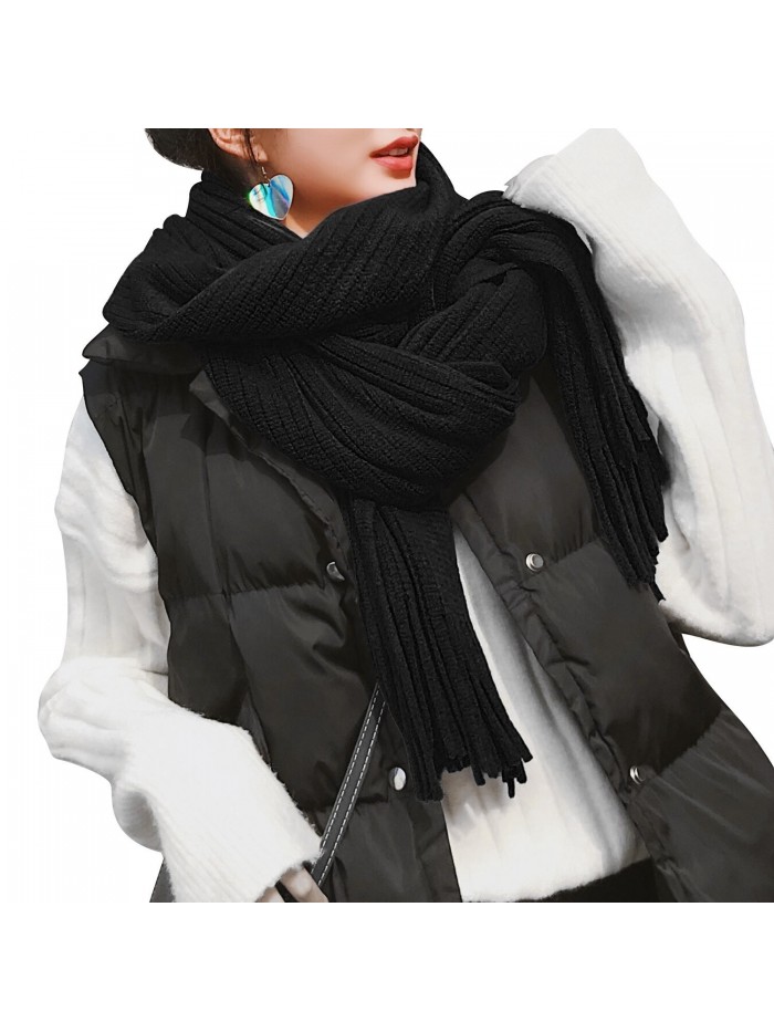 Women S Soft Cashmere Feel Winter Tassel Solid Color Scarf Shawl Black C Hqns D