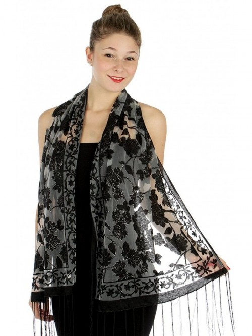 Sheer-Delights Rose Fringed Evening Wrap Shawl Scarf Black Silver ...