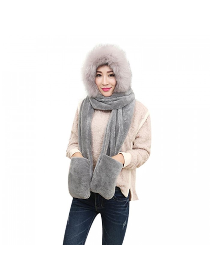Doinshop Winter Warm Women Siamese Hoodie Gloves Pocket Earflap Hat Long Scarf Wraps - Gray - CH12O9ZGDE7