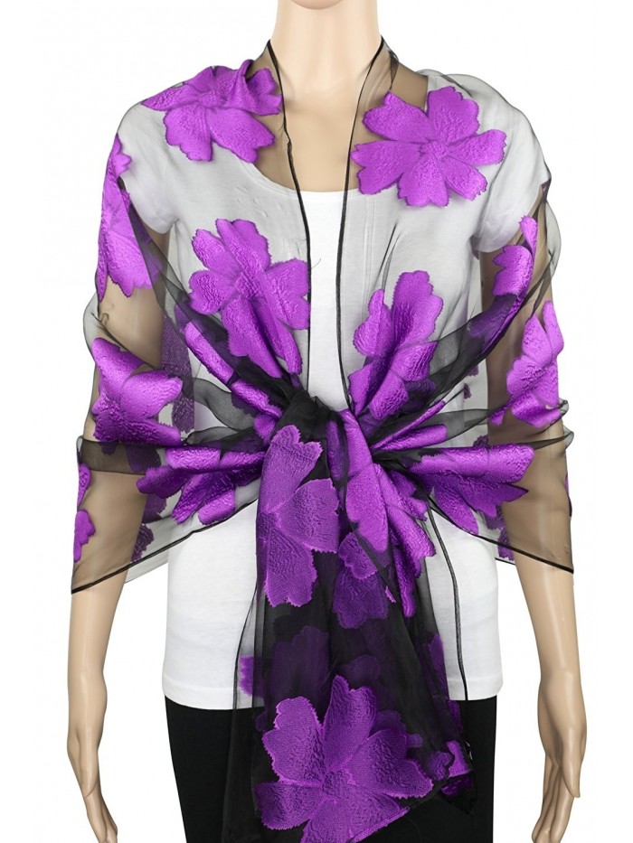 Achillea Sheer Burnout Scarf Shawl Beach Cover-up w/ Embroidered Floral Pattern - Floral Purple - C6183NNYMRG