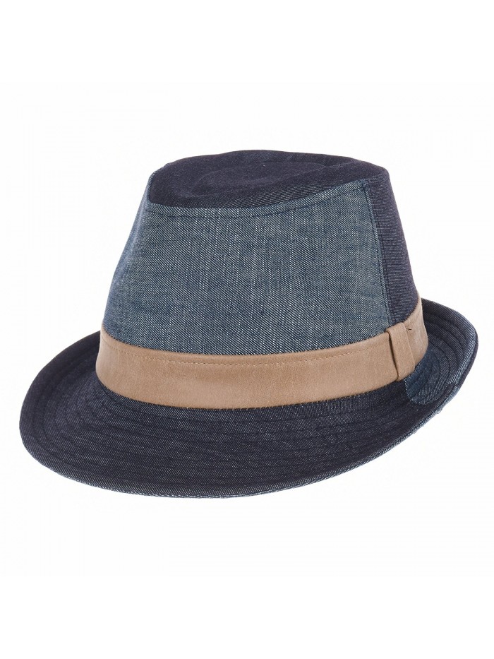 Denim Cotton Fedora Hat With Faux Leather Band LD3279 - Blue - CH12EVL6M7F
