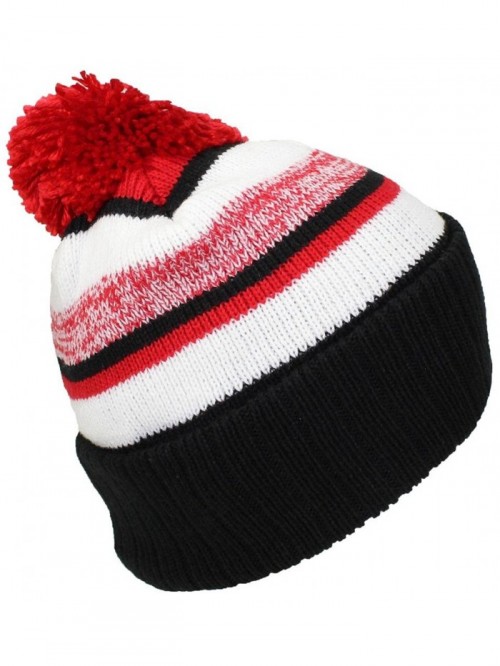 Quality Striped Variegated Cuffed Beanie W/Pom (L/XL) - Black/Red/White ...