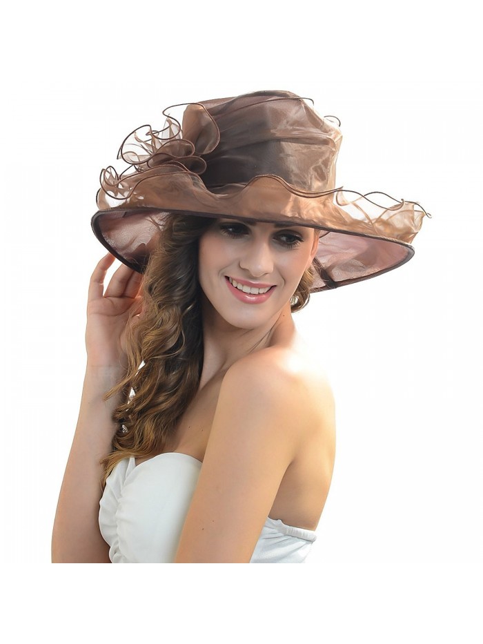 Women Church Kentucky Derby Hat Organza Wide Brim Hat (Brown) - C012BTOKQA5