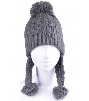 Women Winter Hat With Ear Flaps Cable Knit Ski Cap Pompom Earflap Beanie Hats - Gray - C8186R5SK95