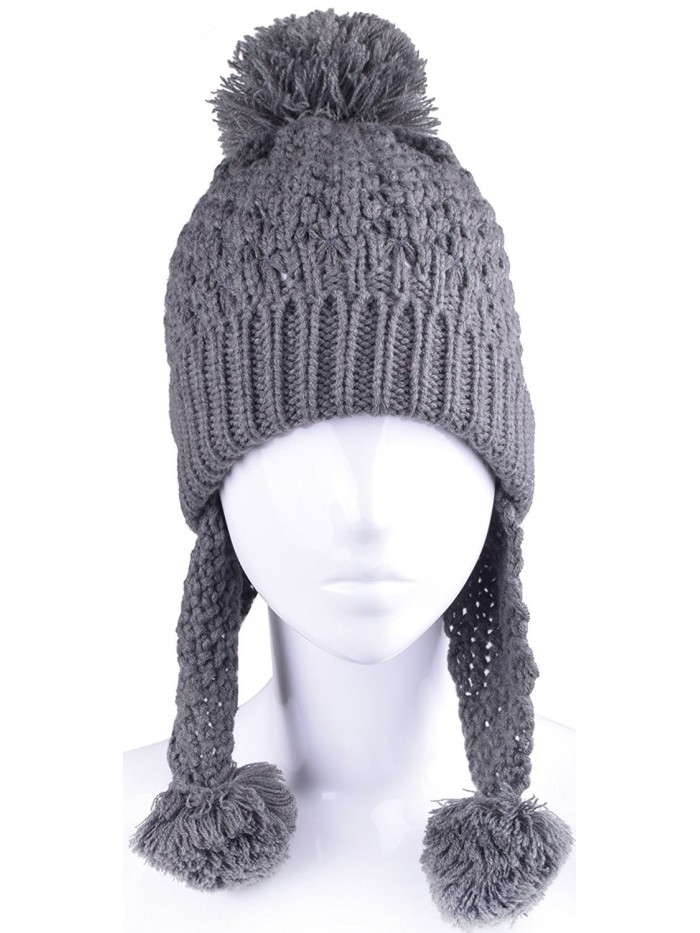 Women Winter Hat With Ear Flaps Cable Knit Ski Cap Pompom Earflap