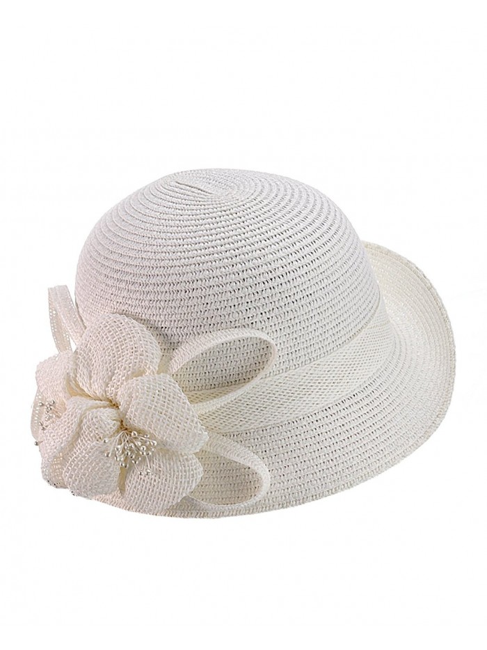 Side Flip Cloche Bucket Hat w/Woven Flower & Ribbon Accent- White ...