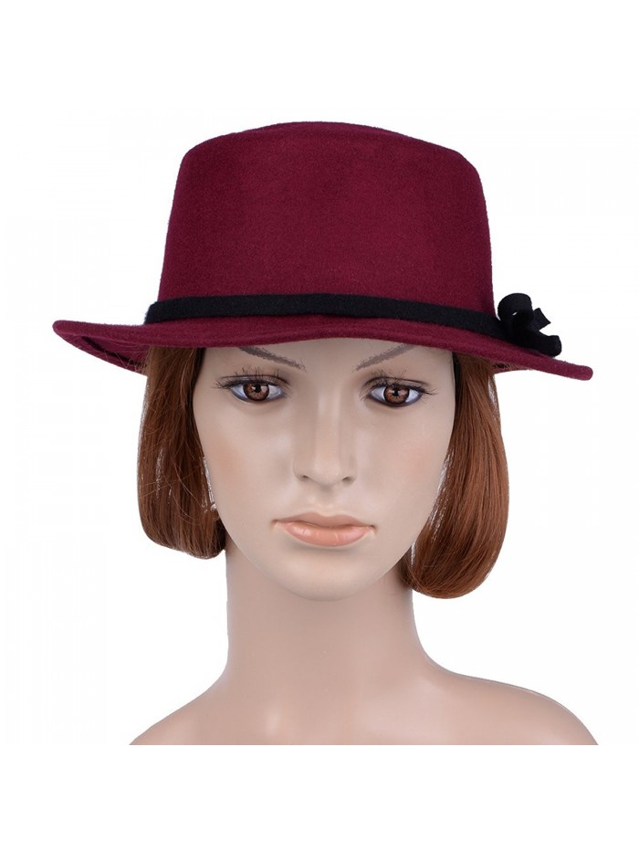 Bowler Hat Fedora Woolen Hats Flat Brim Derby Hats For Women - Wine Red ...