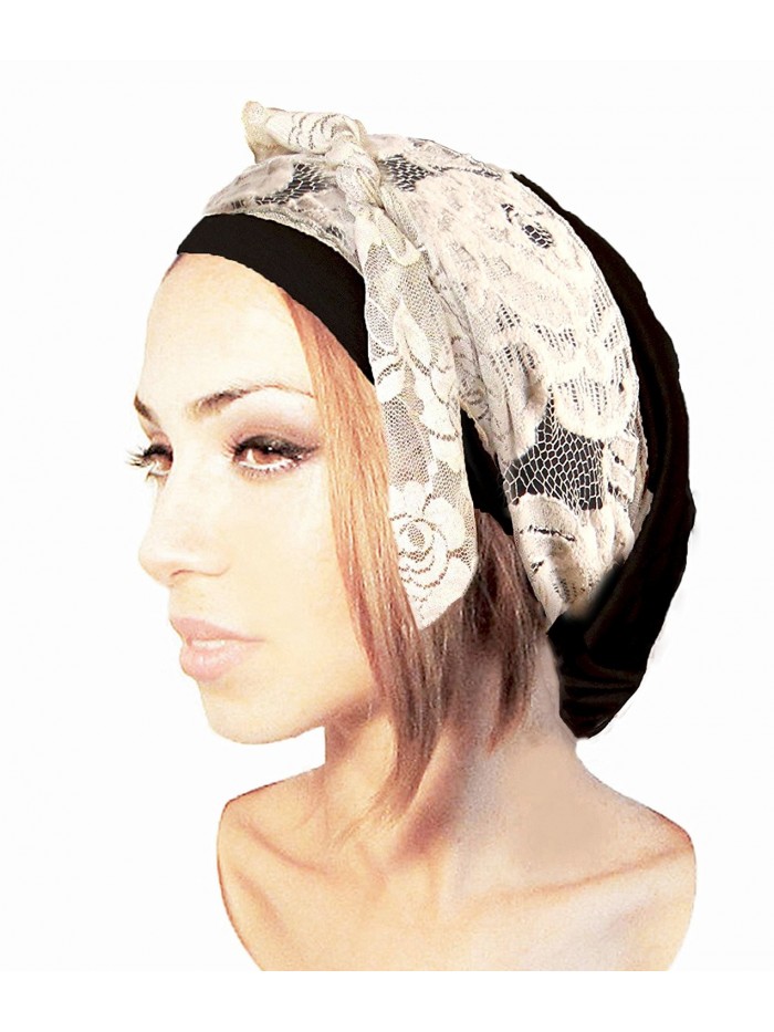 Black Pre Tied Head Scarf Boho Chic Bandana Tichel Vintage Cream Lace Wrap 076 Cj11xkxnksf